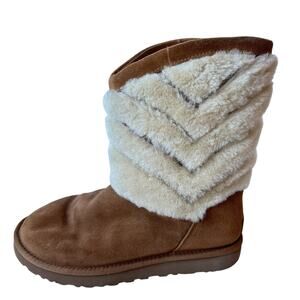 UGG Boots Tania Chestnut Suede Faux Fur Chevron Mid-Calf Women's Size 8